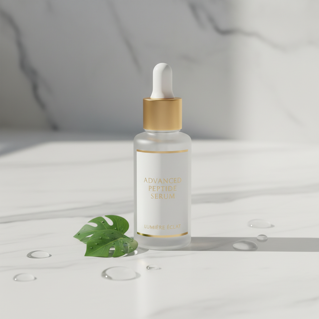 Advanced Peptide Serum bottle on marble surface